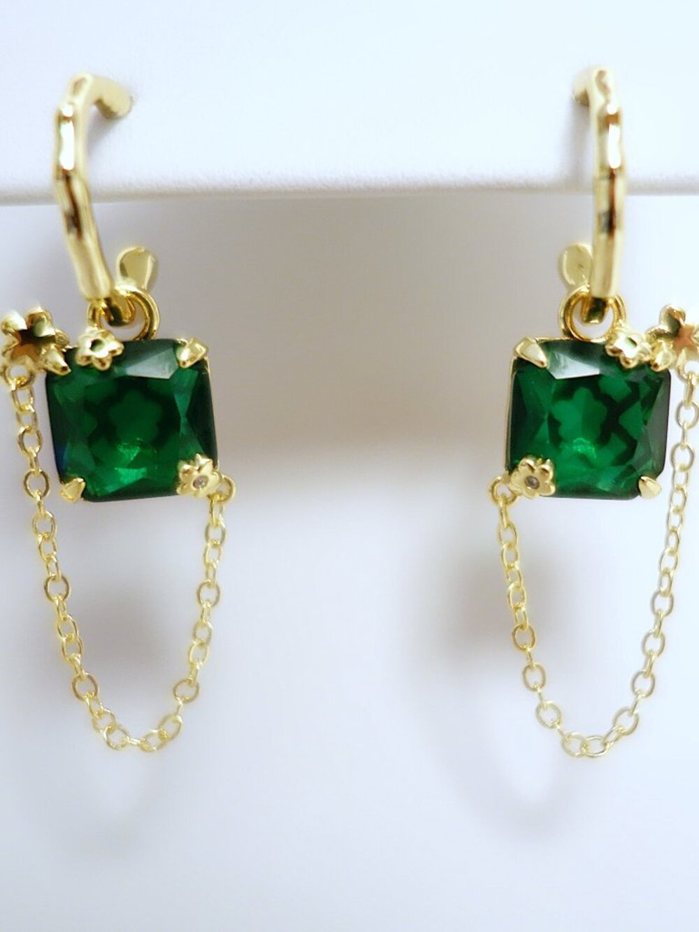 New Faux Emerald Gold Plated Stainless Steel Earrings
